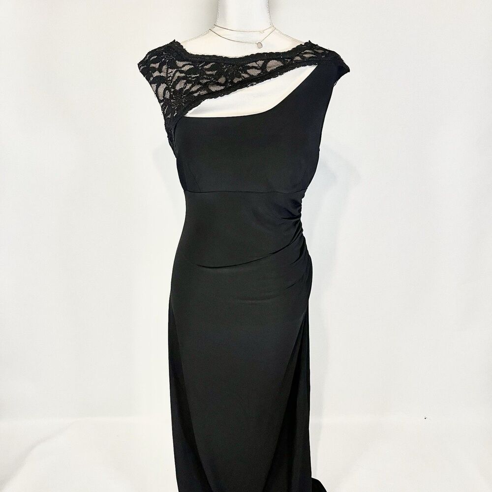 Y2K R&M Richards Black Lace Asymmetrical Evening Gown Formal Dress Size 10